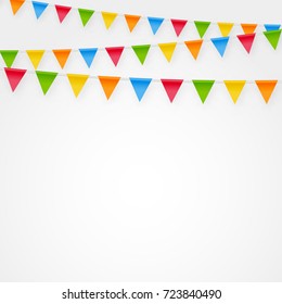 Minimalistic festive birthday party flags bunting decorations vector background. Clean colorful template with cute party banner flags for greeting and invitation cards.