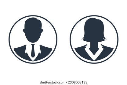 Minimalistic filled male with tie and female with short hair icons. Genders filles icons for room separation concept design. Gender separations.