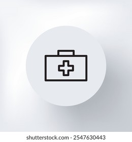 Minimalistic first aid kit icon box with a cross on it in a circle on a light gray background.