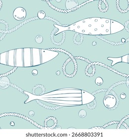 Minimalistische Fische, Blasen und verdrehte Seile, die auf dem minzigen Meeresboden verstreut sind, erzeugen einen luftigen Rhythmus. Handgezeichnete, lineare Illustration. Nahtloses Muster für Textilien, Schreibwaren, Tagebücher und Verpackungen.