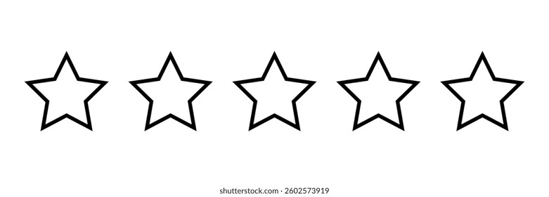 A minimalistic five-star rating outline icon, commonly used for reviews, feedback, and evaluation in digital platforms and rating systems. Vector illustration