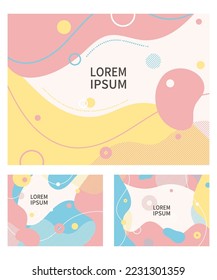 Minimalistic, flat and abstract background illustration set. Fluid organic geometric patterns, waves and circles are dynamically arranged on a plain background. Cute image with pastel color scheme.