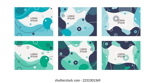 Minimalistic, flat and abstract background illustration set. Fluid organic geometric patterns, waves and circles are dynamically arranged on a plain background.