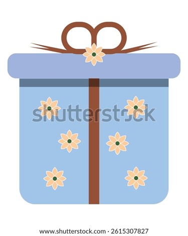 A minimalistic flat design of a blue gift box with light yellow flower motifs and a ribbon. Great for holiday cards and celebration themes.