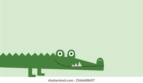 Minimalistic flat design of a green crocodile, showcasing a playful and friendly appearance. The crocodile features simple shapes, a soft pastel green background, and a whimsical smile