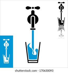 Minimalistic Flat Design Icon Of Water Pour From Tap To Glass. Easy Editable Layered Vector Illustration.