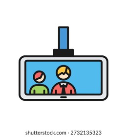 Minimalistic flat design illustration of a rearview mirror reflecting two people sitting in a vehicle with one wearing green and the other in red with blonde hair set against a blue sky background