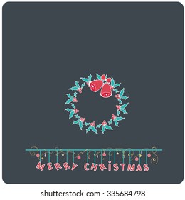Minimalistic  flat design Merry Christmas e-card with mistletoe bells christmas wreath and christmas balls / bauble / ornaments,isolated