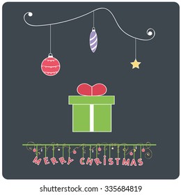 Minimalistic  flat design Merry Christmas e-card gift box with ribbon and christmas balls / bauble / ornaments,isolated