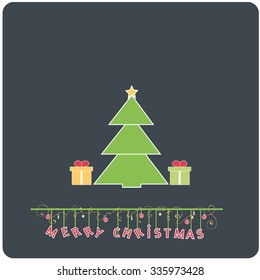 Minimalistic  flat design Merry Christmas e-card with christmas tree , presents and christmas balls / bauble / ornaments ,isolated