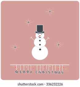 Minimalistic flat design Merry Christmas e-card with snowman,winter snowflakes and christmas balls / bauble / ornaments ,isolated
