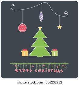 Minimalistic flat design Merry Christmas e-card with christmas tree,presents and christmas balls / bauble / ornaments,isolated