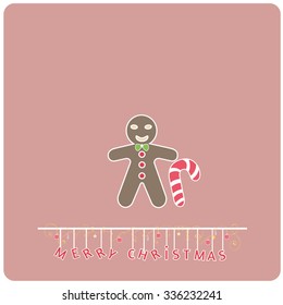 Minimalistic flat design Merry Christmas e-card with gingerbread man,candy cane and christmas balls / bauble / ornaments,isolated