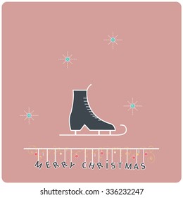 Minimalistic flat design Merry Christmas Ice skate e-card with snowflakes and christmas balls / bauble / ornaments,isolated