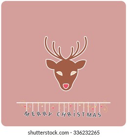 Minimalistic flat design Merry Christmas e-card with cartoon reindeer head and christmas balls / bauble / ornaments ,isolated