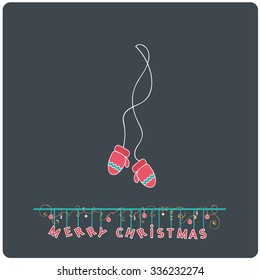 Minimalistic flat design Merry Christmas e-card with winter mittens and christmas balls / bauble / ornaments ,isolated