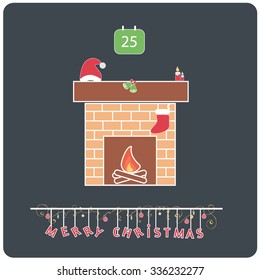 Minimalistic flat design Merry Christmas e-card with christmas fireplace,santa's hat,ornamental bells,candles,sock,calendar,fire and christmas balls / bauble / ornaments