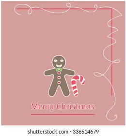 Minimalistic flat design Merry Christmas e-card with gingerbread man,candy cane and christmas balls / bauble / ornaments,isolated