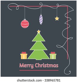 Minimalistic flat design Merry Christmas e-card with christmas tree,presents and christmas balls / bauble / ornaments,isolated