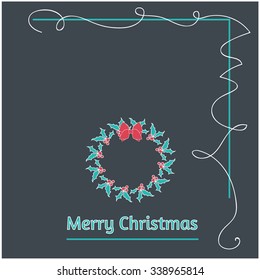 Minimalistic flat design Merry Christmas e-card with christmas mistletoe ribbon wreath and christmas balls / bauble / ornaments,isolated