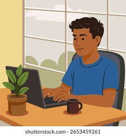 Minimalistic flat design of office work. Man working on laptop. Home office, worker, IT work, remote work.