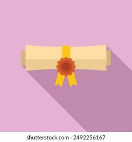 Minimalistic flat design of a rolled certificate with a decorative ribbon on a purple background