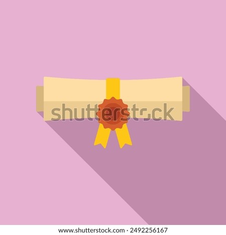 Minimalistic flat design of a rolled certificate with a decorative ribbon on a purple background