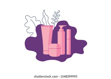 Minimalistic flat illustration. Face care cosmetics on modern background with leaves
