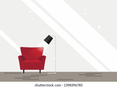 Minimalistic flat interior  with red chair and black lamp. Grey walls. Vector Illustration