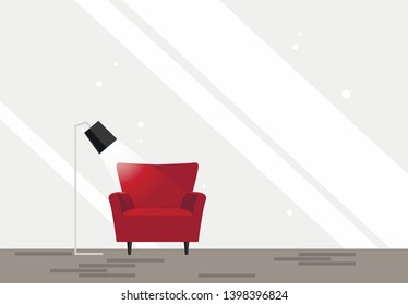 Minimalistic flat interior with red chair and black lamp. Grey walls. Vector Illustration