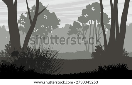 Minimalistic flat landscape with silhouette of mysterious foggy forest and forest plants