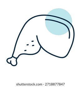 Ilustración minimalista de línea plana de una pierna o muslo de pollo cocido. Adecuado para la entrega de alimentos, menú, receta o diseños de productos avícolas.

