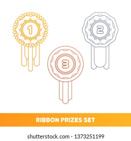 Minimalistic flat ribbon prize icons set for web and mobile design. Vector gold, silver and bronze icons isolated on white background.