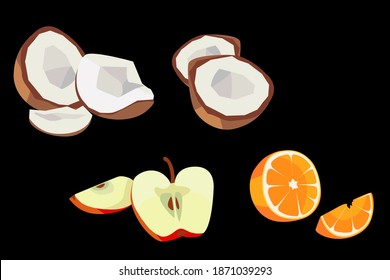 Conjunto minimalista plano de ilustraciones de coco, manzana y frutos anaranjados sobre fondo negro. Frutas en lona, rodajas de manzana, comida jugosa y publicidad moderna.