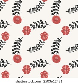 Minimalistic flat simple aesthetic spring or summer seamless pattern with abstract flower shapes and leaves in black and red color on light pastel beige background. Nursery childish Scandinavian style