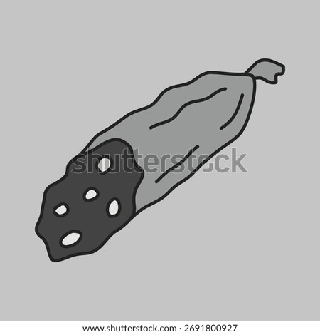 Minimalistic flat vector grayscale icon of a whole piece of dried salami, ideal for delicatessen menus or gourmet food applications.
