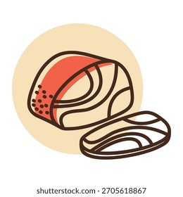 Ícone vetorial plano minimalista de fatias de pastirma curado ou carne seca, ideal para menus deliciosos, anúncios de alimentos gourmet ou projetos de aperitivos.
