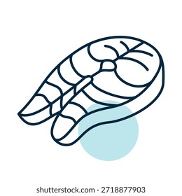 Icono de Vector plano minimalista de un filete de pescado fresco (por ejemplo, salmón o atún), ideal para cocinar mariscos o diseñar restaurantes.
