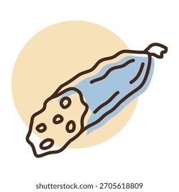 Ícone vetorial plano minimalista de um pedaço inteiro de salame seco, ideal para menus delicatessen ou aplicações de comida gourmet.
