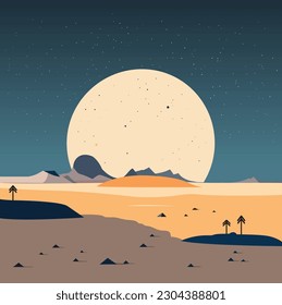 Minimalistic flat vector illustration of a captivating lunar landscape, featuring moon craters, distant stars, and an Earthrise on the horizon. Ideal for promoting space exploration, astronomy