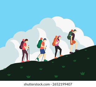 Ilustración vectorial plana minimalista de un grupo de personas subiendo cuesta arriba con mochilas y bastones de trekking. Senderismo en las montañas. Ilustración vectorial