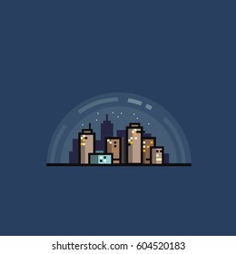 Minimalistic flat vector illustration or icon of night city scene with skyscrapers and stars in the sky