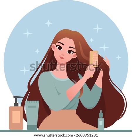 Minimalistic flat vector illustration of young woman combing her beautiful long hair