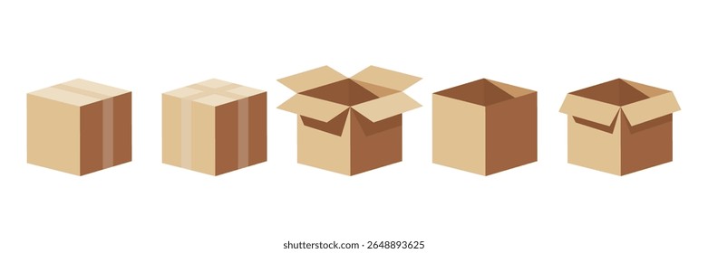 Minimalistic flat-style vector illustration featuring a set of cardboard boxes. Open and closed boxes, taped and plain carton boxes. Use in delivery, e-commerce, logistics, packaging design.