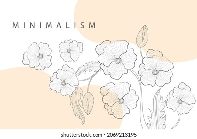 Minimalistic floral background. Simple banner with field plants, pink spots, inscription and space for text. Elegant design element for websites, social networks. Cartoon flat vector illustration