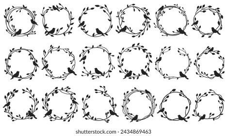 Rama floral minimalista vacía corona de marco geométrico con siluetas de pájaros ilustración vectorial. Bordes de contorno elegante con hierbas, flores y pajarito conjunto aislado sobre fondo blanco