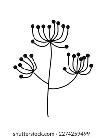 Minimalistic floral branch. Hand drawn icon with wild field plant with thin stem. Botany and herb growing. Design element for logo. Cartoon flat vector illustration isolated on white background