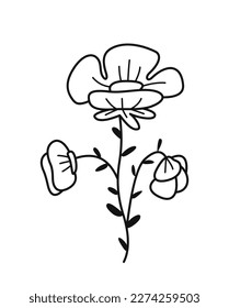 Minimalistic floral branch. Hand drawn icon with beautiful violet flowers. Floristry and botany. Field plant. Design element for tattoo. Cartoon flat vector illustration isolated on white background