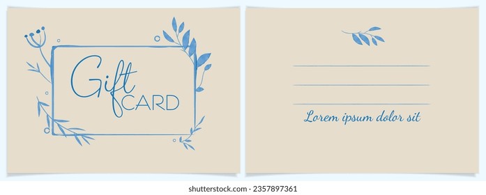 Diseño minimalista floral elegante de tarjetas de regalo, dibujo de línea azul acuarela sobre papel beige.Vector elegante.