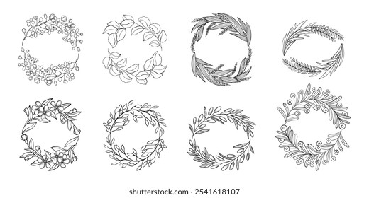 Minimalistic floral elements. Minimal boho floral frames and bouquets, organic decorative simple minimalistic floral icons. Vector isolated set on white background